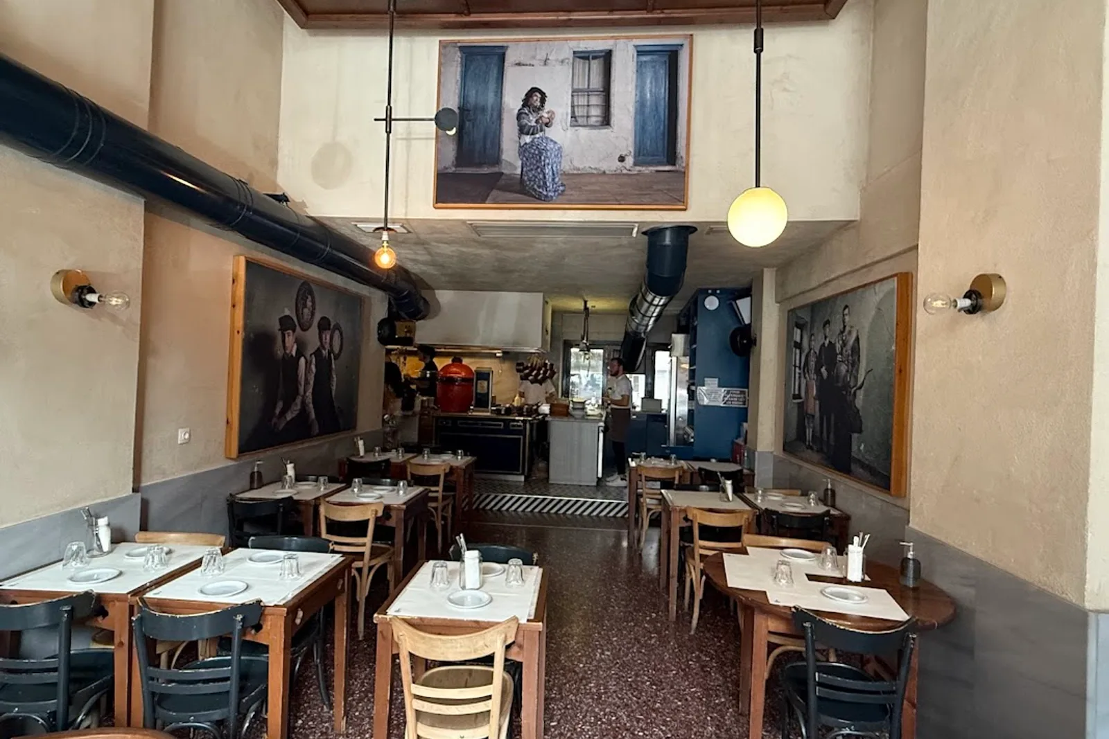 Bare-brick interior of Mourga restaurant in central Thessaloniki