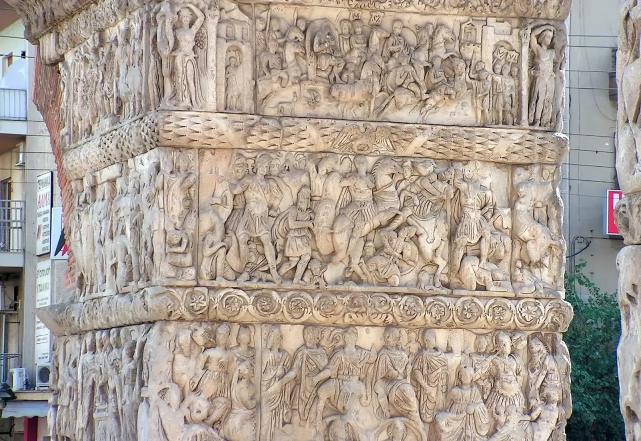 The carved marble reliefs on a pier of the Arch of Galerius in Thessaloniki, showing Roman battle scenes