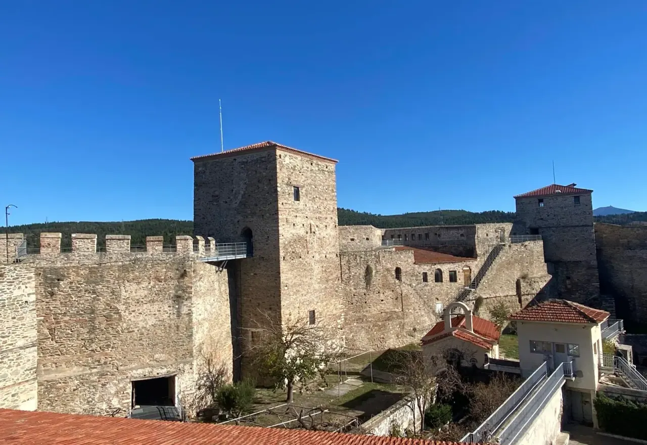 The stone walls and towers of the Heptapyrgion fortress crowning Ano Poli, Thessaloniki