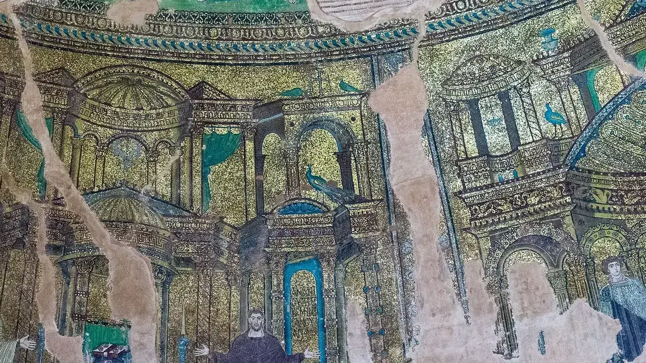 Golden early-Christian mosaics of saints and architecture in the dome of the Rotunda of Thessaloniki