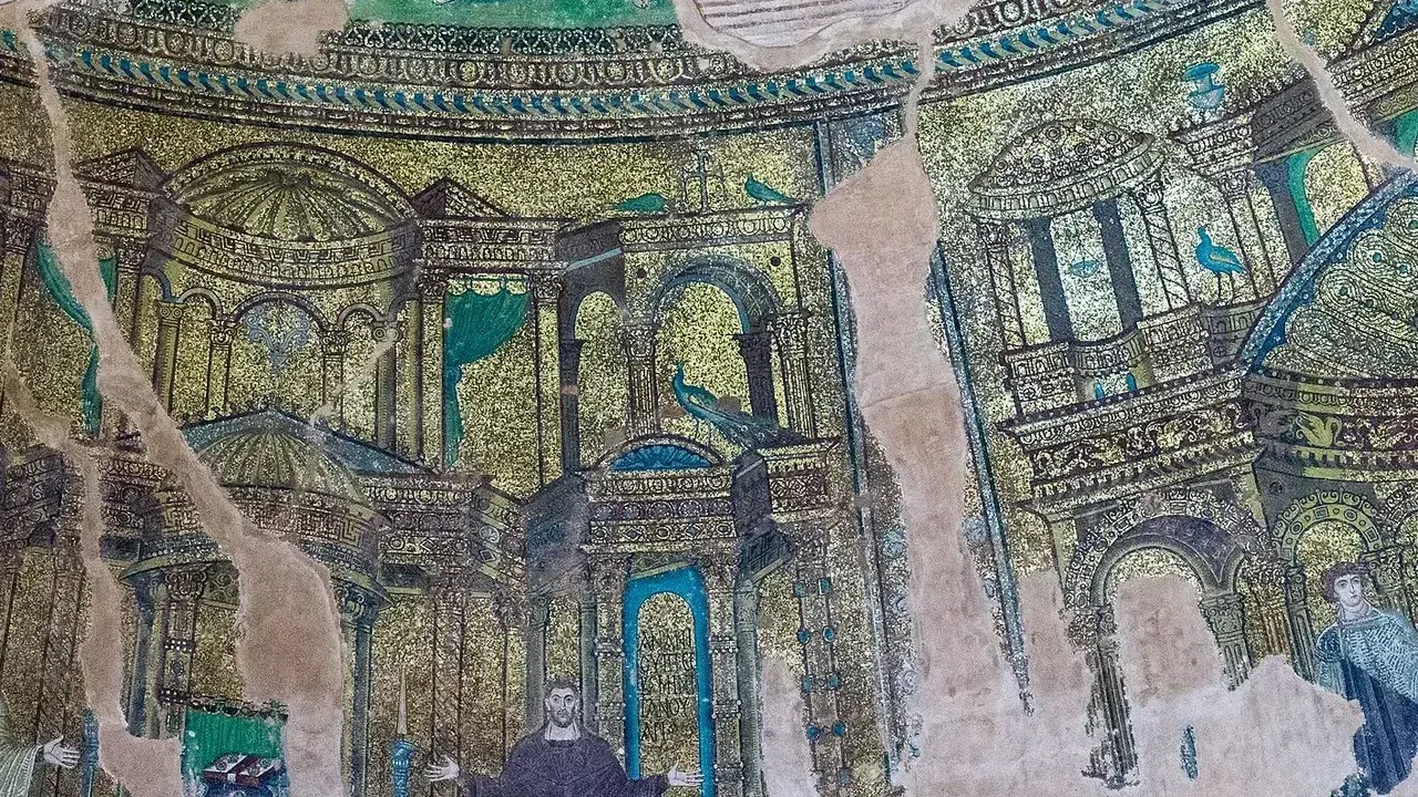 Gold mosaics inside the dome of the Rotunda, an early Christian and Byzantine monument in Thessaloniki