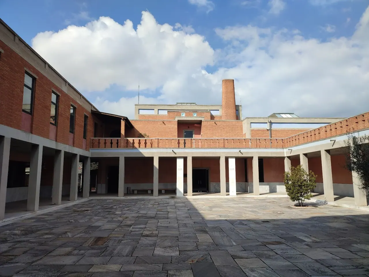 The brick exterior and colonnaded courtyard of the Museum of Byzantine Culture, Thessaloniki