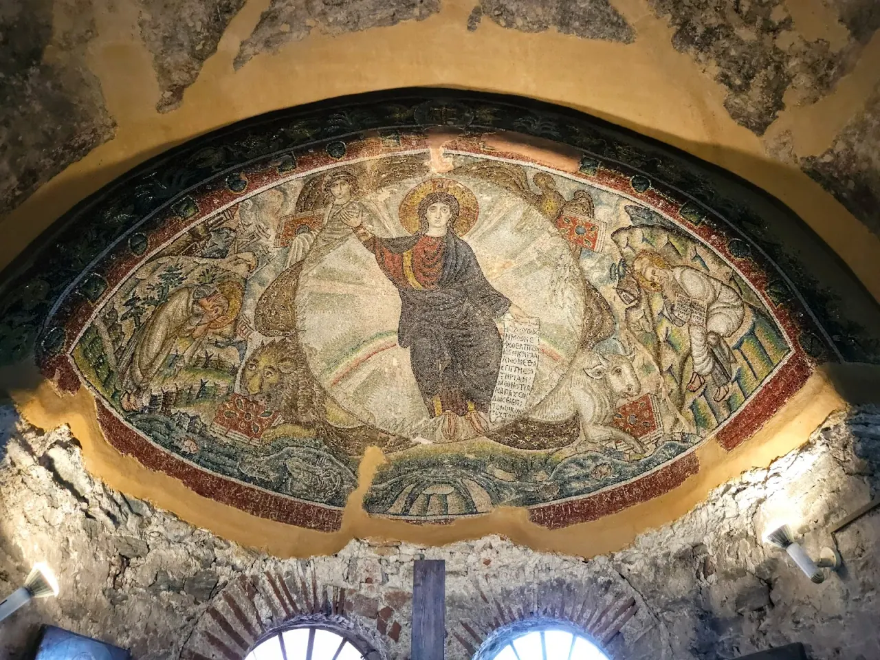 The late-5th-century apse mosaic of the Vision of Ezekiel — a youthful Christ in a mandorla — at Osios David (Latomou Monastery), Thessaloniki