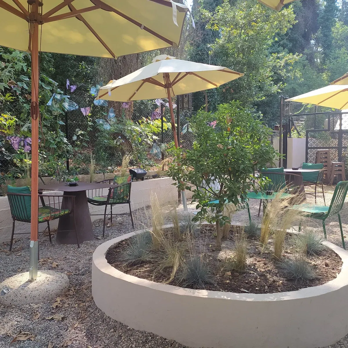 Cream umbrellas, green chairs and a planted tree on the wooded garden terrace of Hibou bar by the Seih Sou forest above Thessaloniki